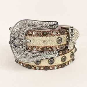 ANGEL RANCH Ivory Hair On Cowhide Rhinestone Studded Belt Small NEW
